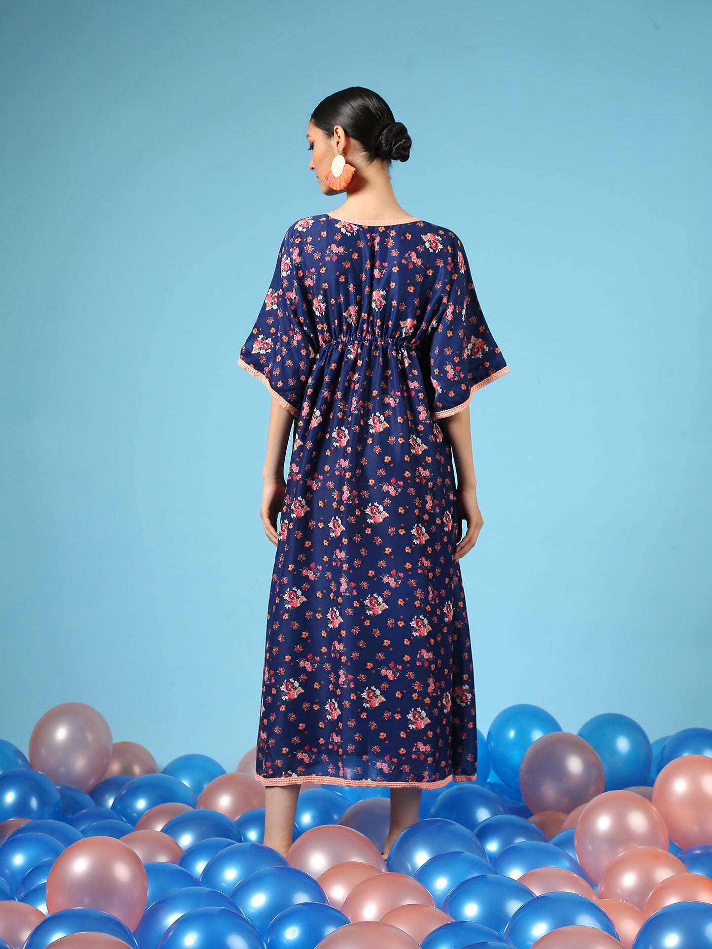Bouquet On Blue Kimono Dress - Blue Digital Printed Cotton Silk Kimono Dress