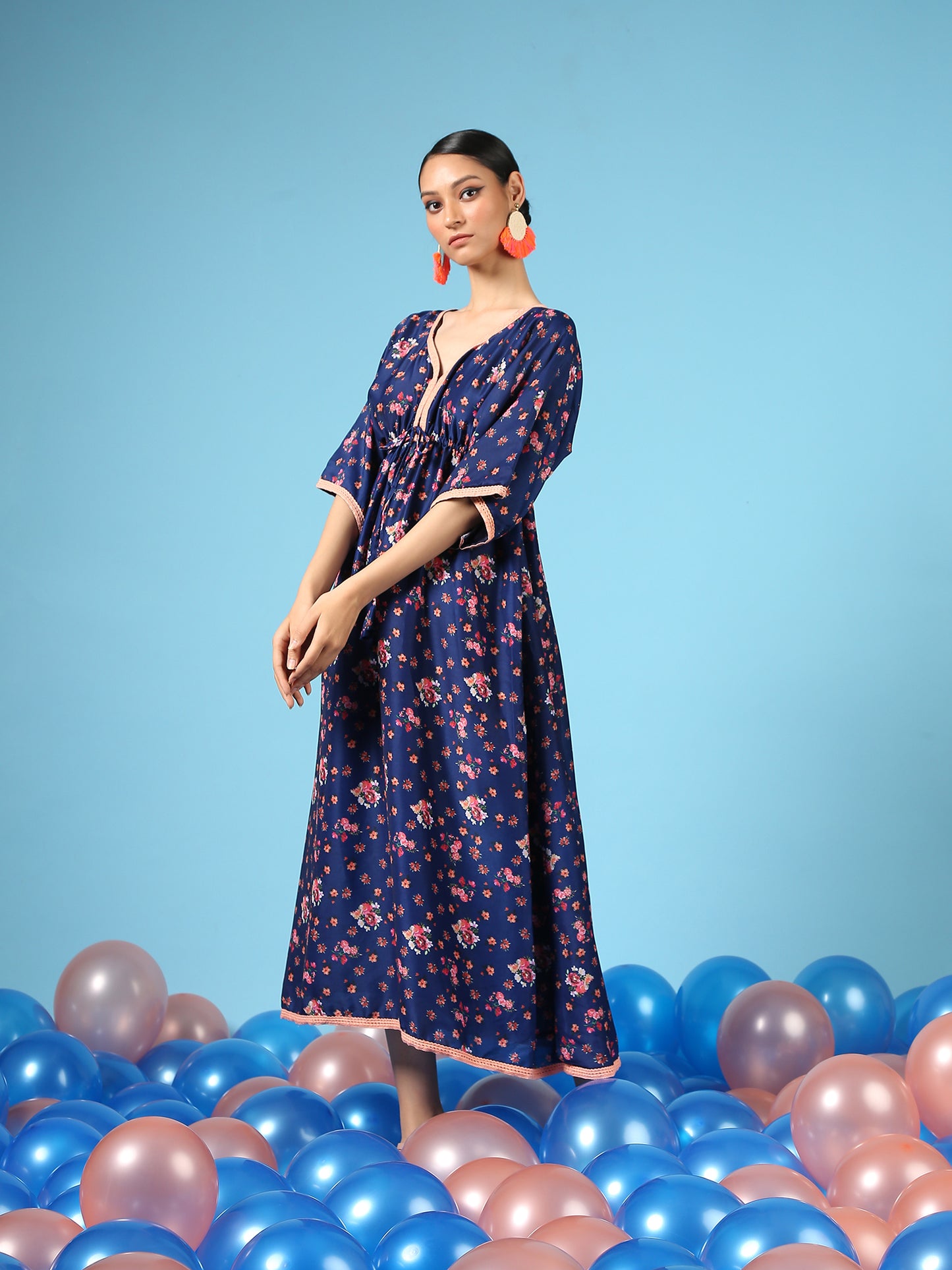 Bouquet On Blue Kimono Dress - Blue Digital Printed Cotton Silk Kimono Dress