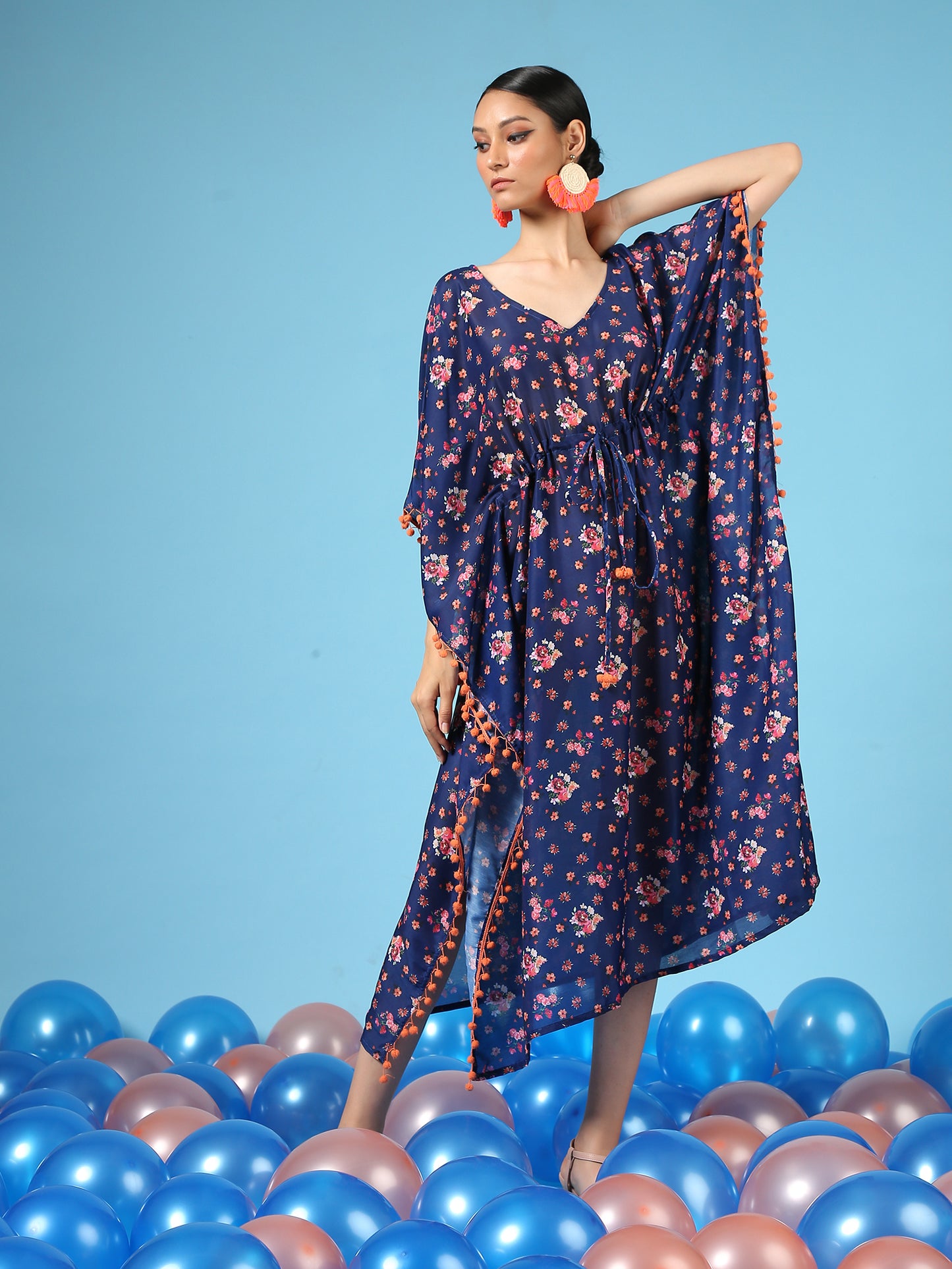 Bouquet On Blue Kaftan - Blue Digital Printed Cotton Silk Kaftan Dress