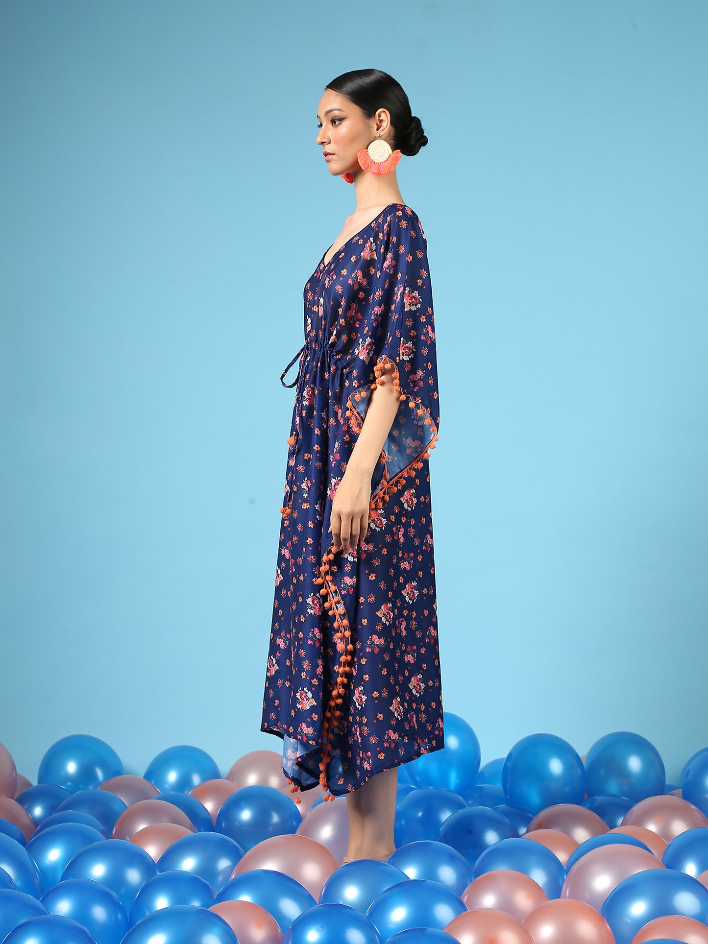 Bouquet On Blue Kaftan - Blue Digital Printed Cotton Silk Kaftan Dress