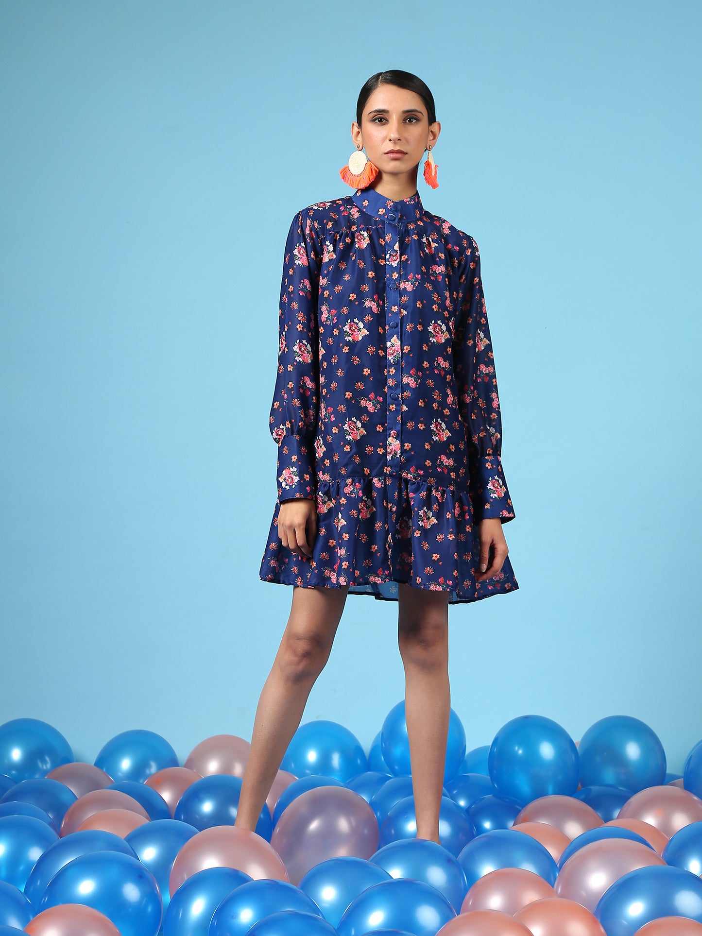 Bouquet On Blue Shirt Dress - Blue Digital Printed Cotton Silk Shirt Dress