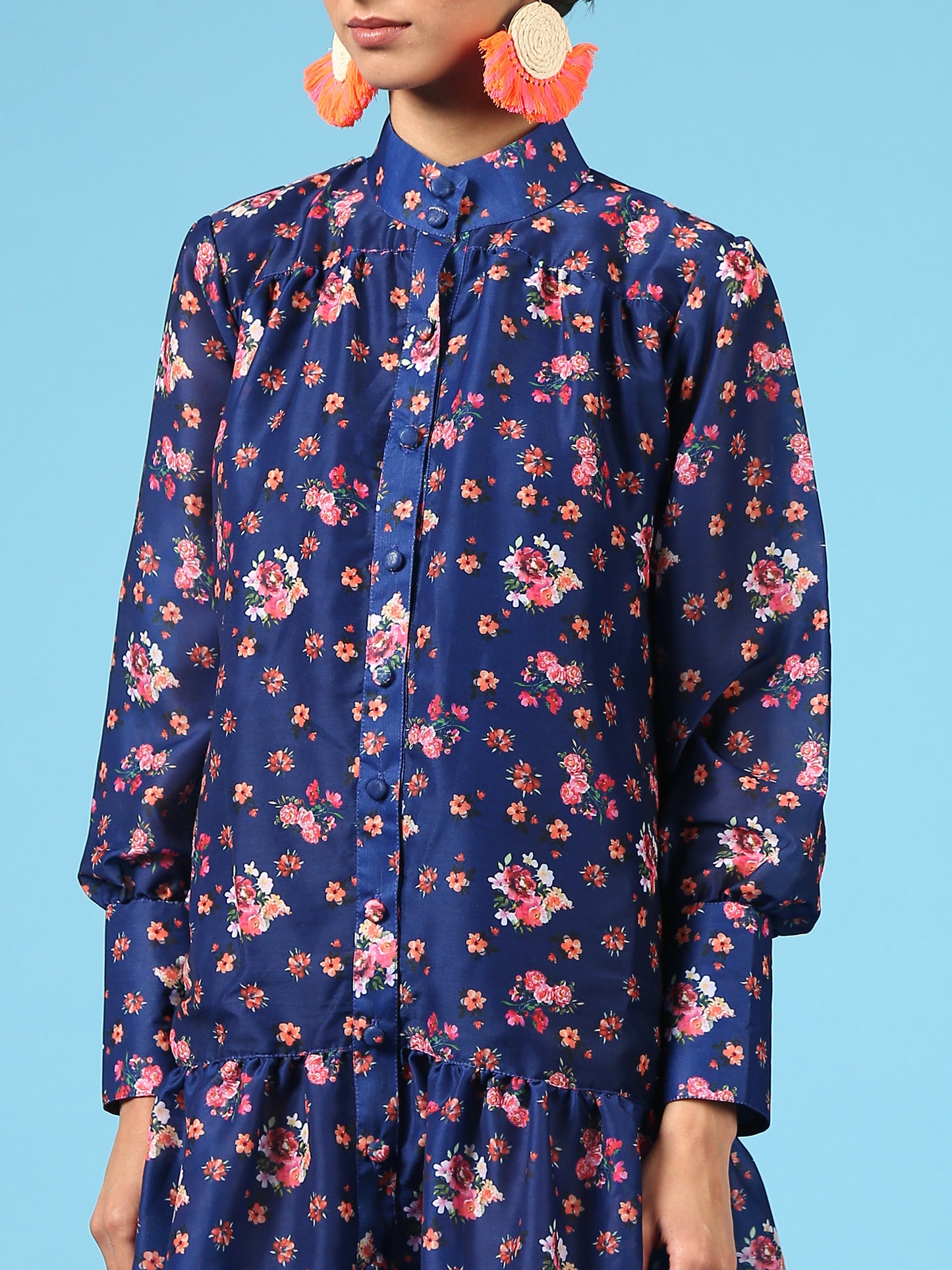 Bouquet On Blue Shirt Dress - Blue Digital Printed Cotton Silk Shirt Dress