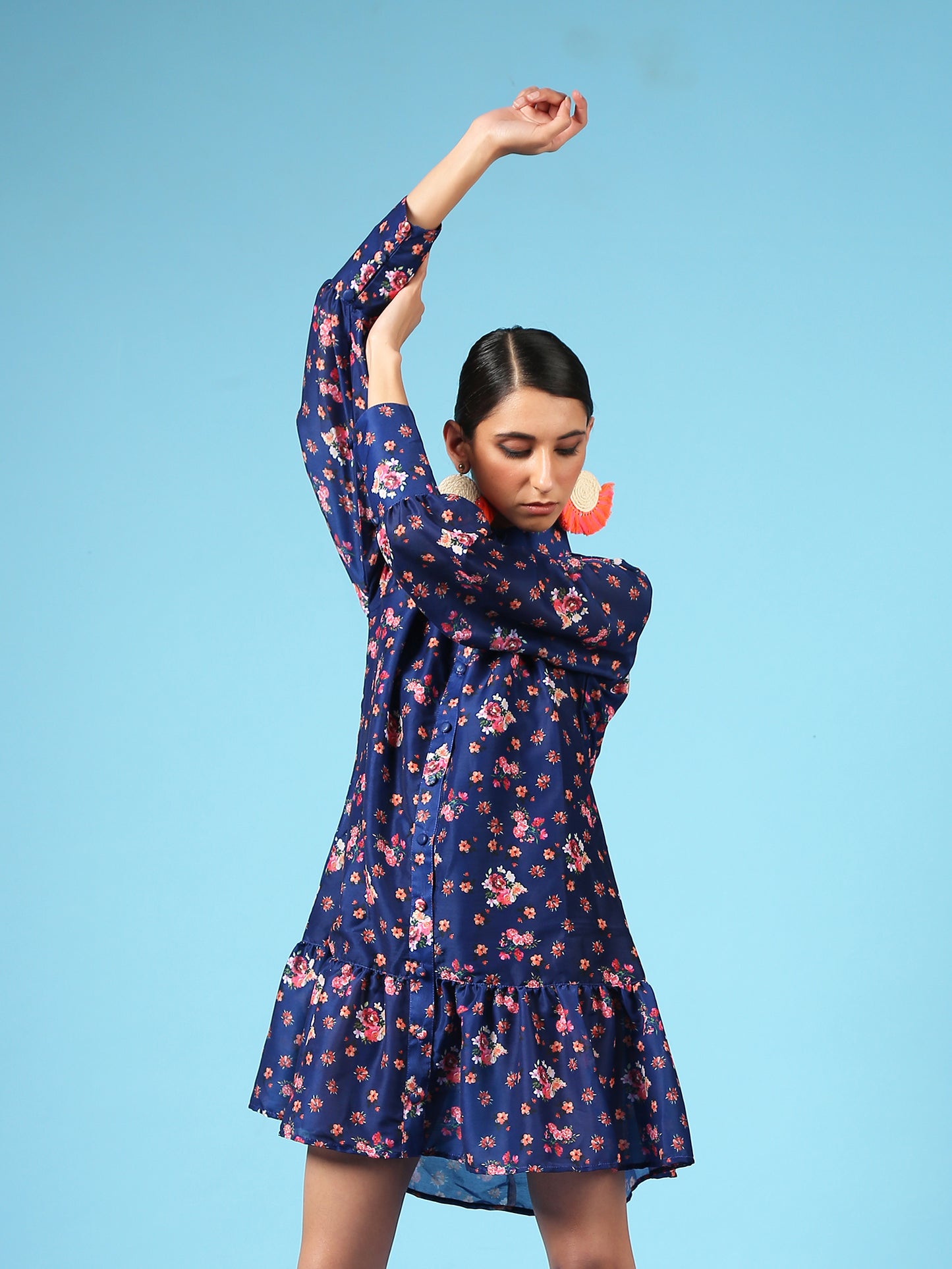 Bouquet On Blue Shirt Dress - Blue Digital Printed Cotton Silk Shirt Dress