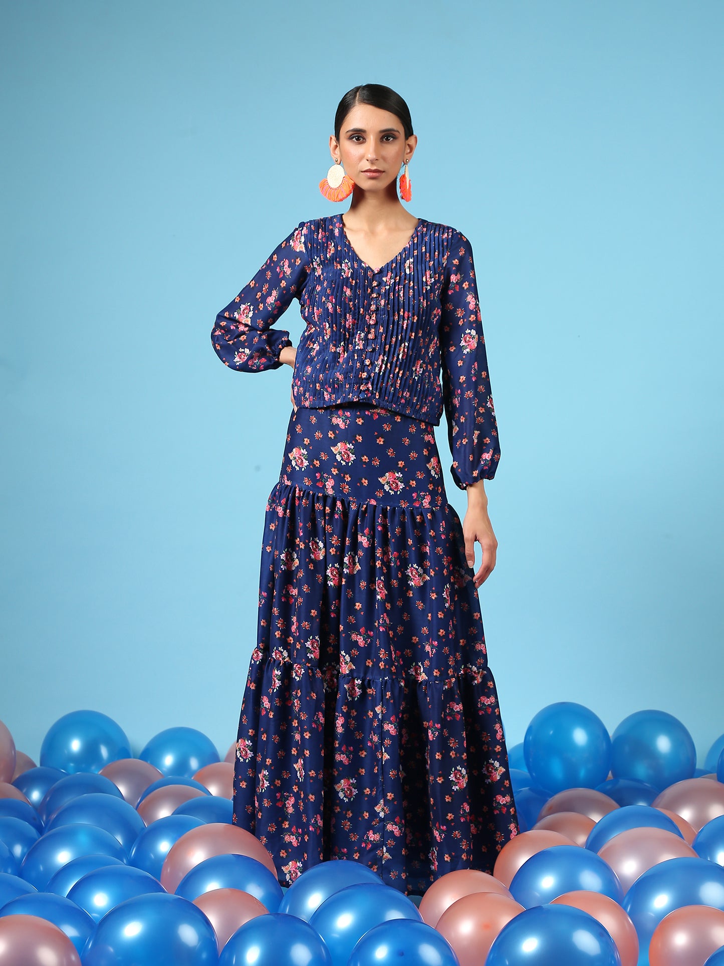 Bouquet On Blue Skirt - Blue Digital Printed Cotton Silk Tiered Skirt