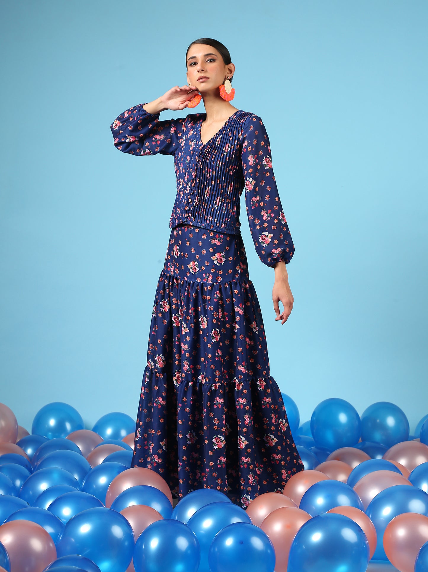 Bouquet On Blue Skirt - Blue Digital Printed Cotton Silk Tiered Skirt