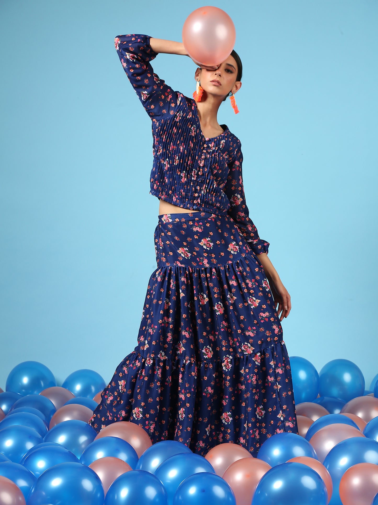 Bouquet On Blue Skirt Set - Blue Digital Printed Cotton Silk Button Up Shirt And Tiered Skirt