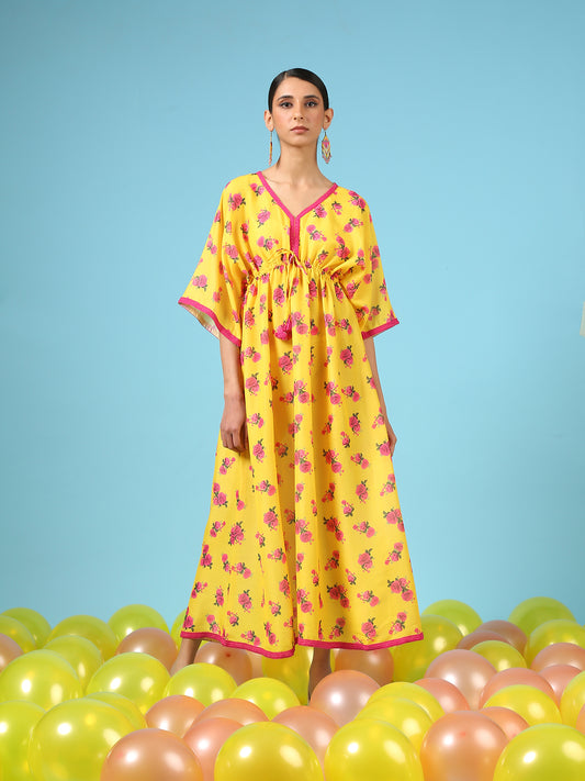 Rose Sunshine Kimono Dress - Yellow Digital Printed Cotton Silk Kimono Dress