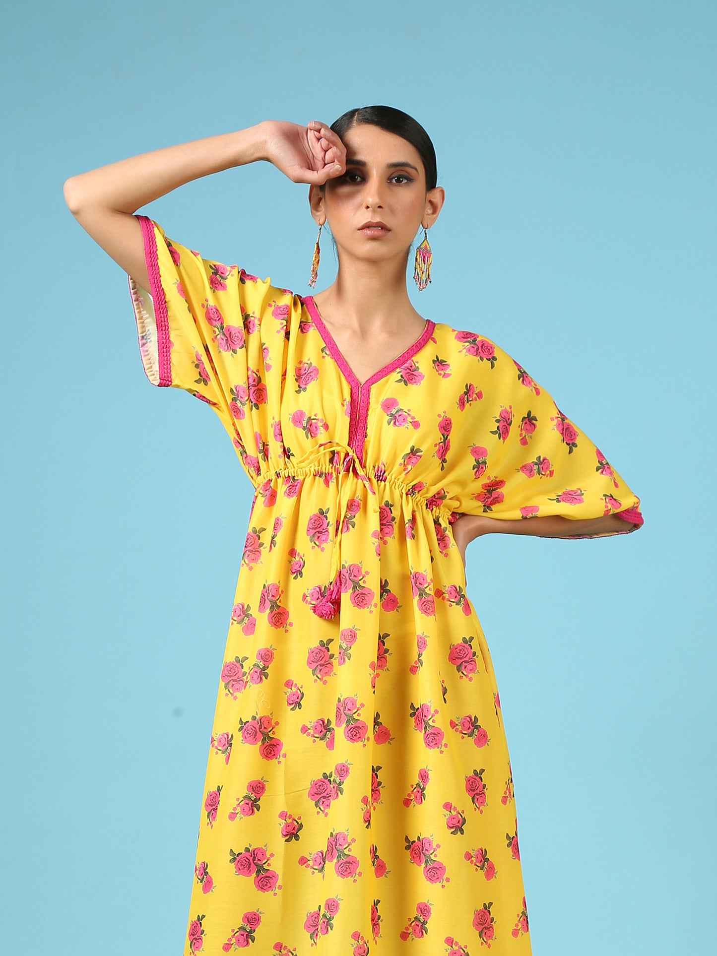 Rose Sunshine Kimono Dress - Yellow Digital Printed Cotton Silk Kimono Dress