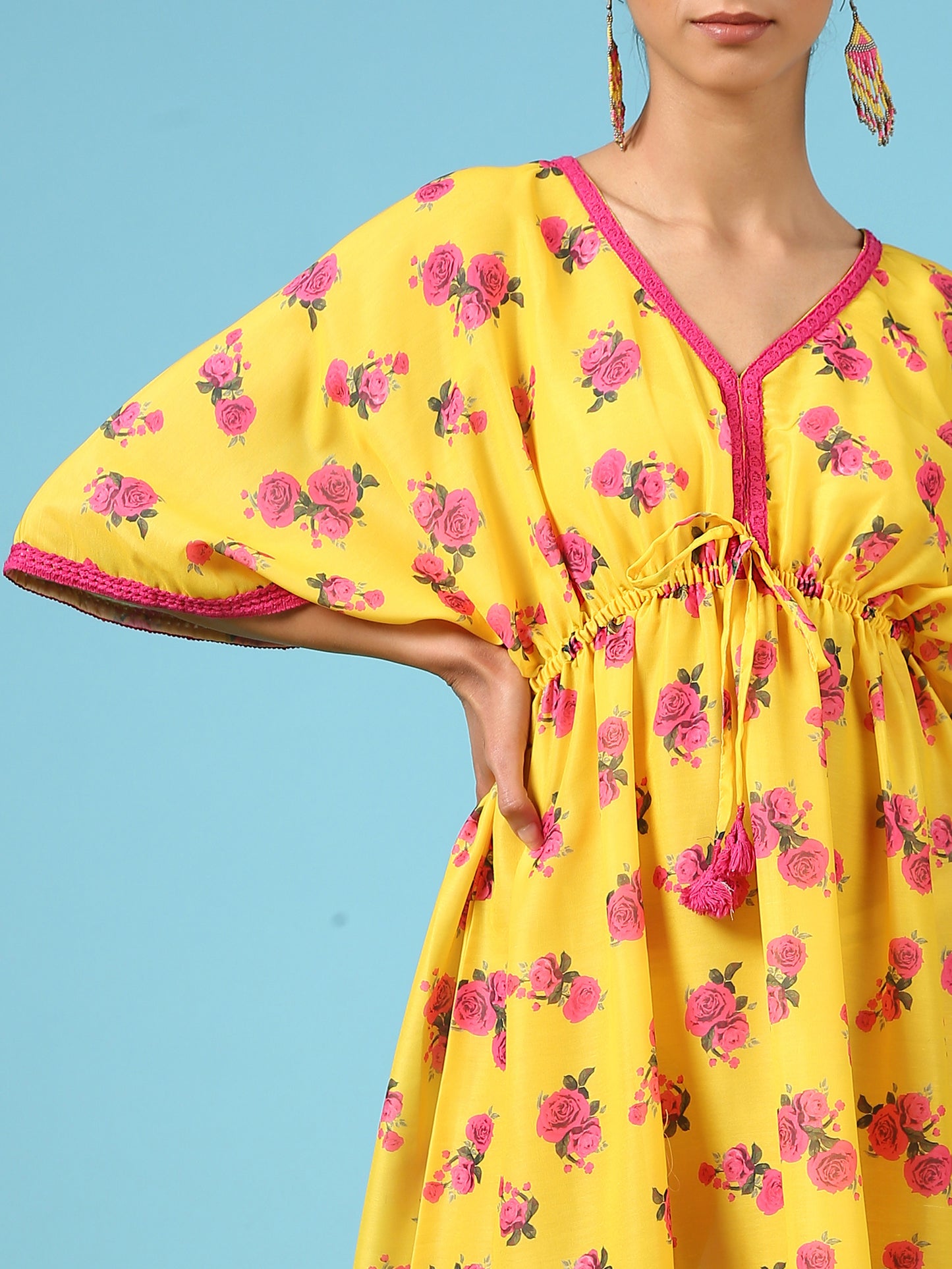 Rose Sunshine Kimono Dress - Yellow Digital Printed Cotton Silk Kimono Dress