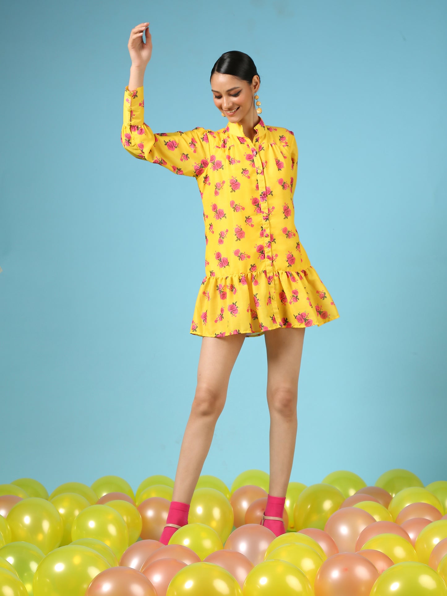 Rose Sunshine Shirt Dress - Yellow Digital Printed Cotton Silk Shirt Dress