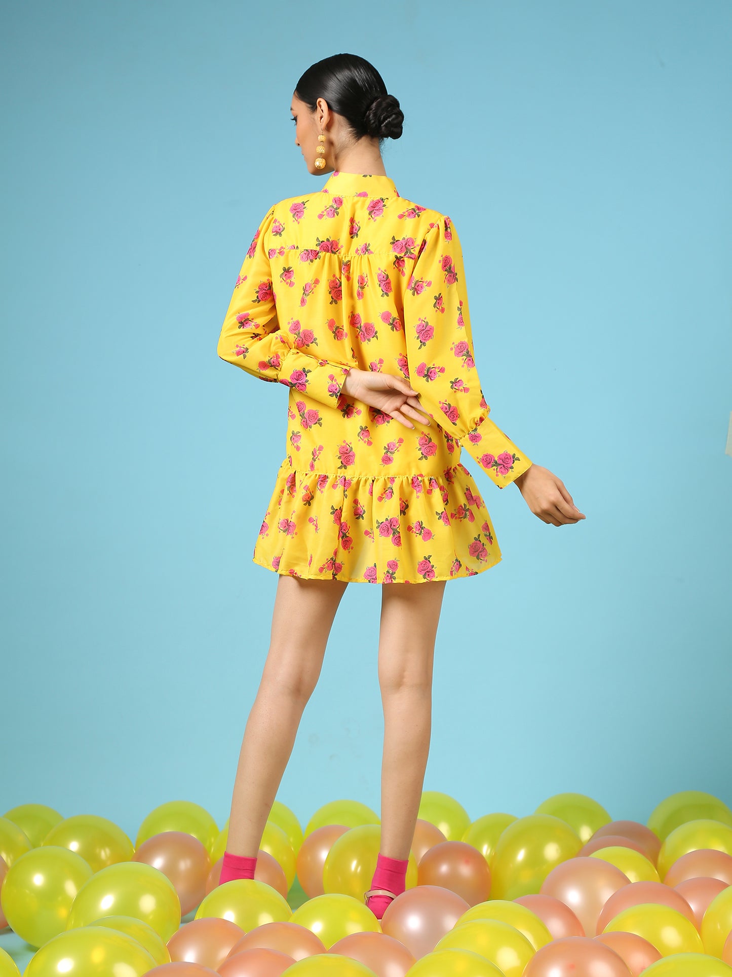 Rose Sunshine Shirt Dress - Yellow Digital Printed Cotton Silk Shirt Dress