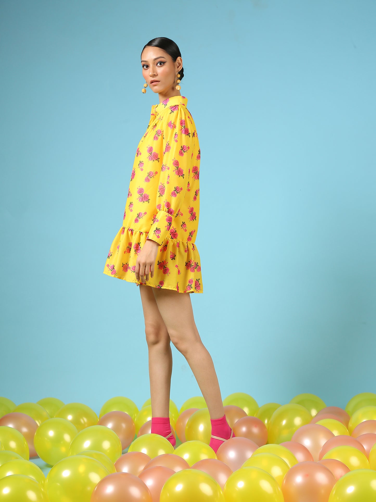 Rose Sunshine Shirt Dress - Yellow Digital Printed Cotton Silk Shirt Dress