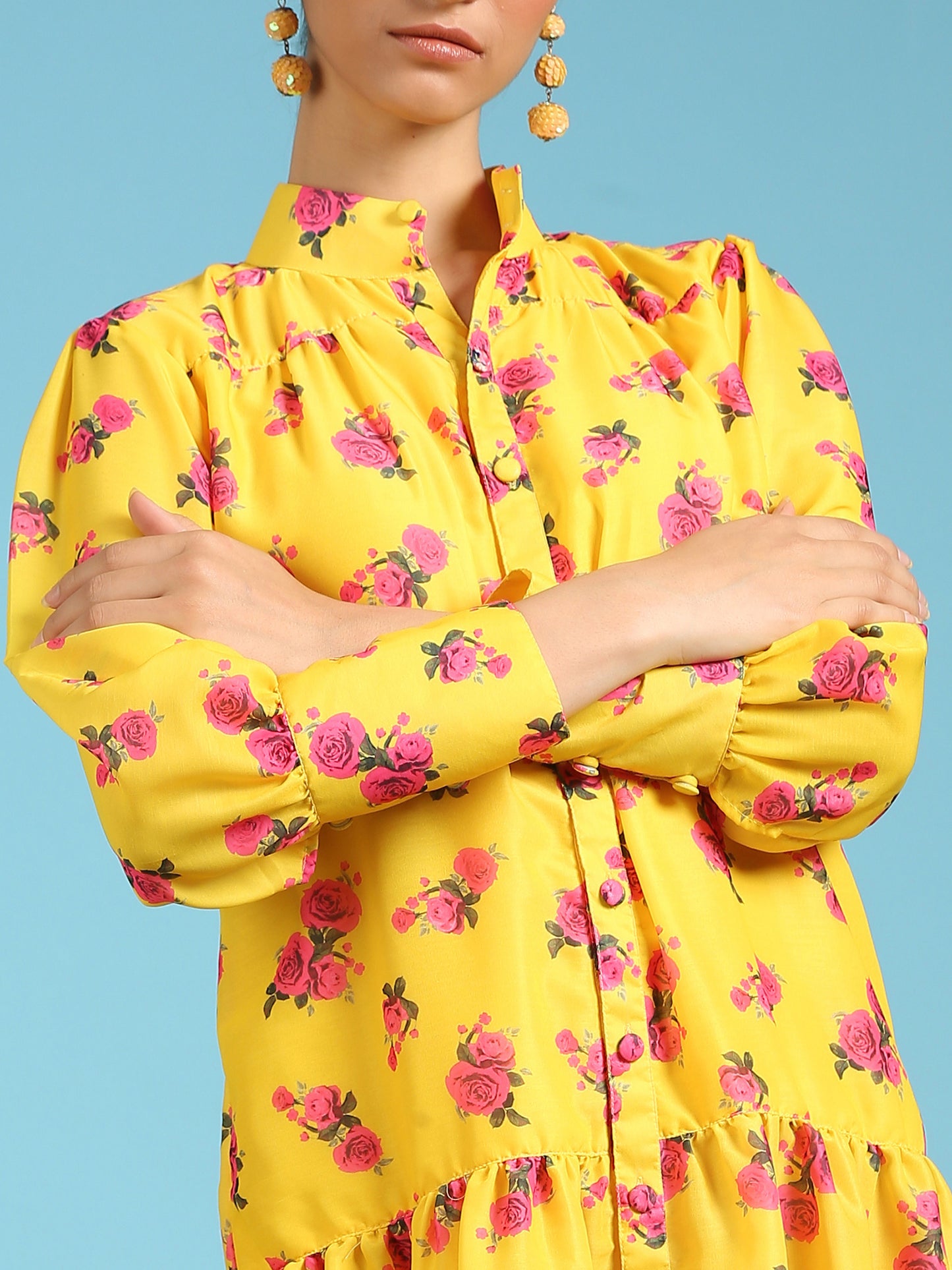 Rose Sunshine Shirt Dress - Yellow Digital Printed Cotton Silk Shirt Dress