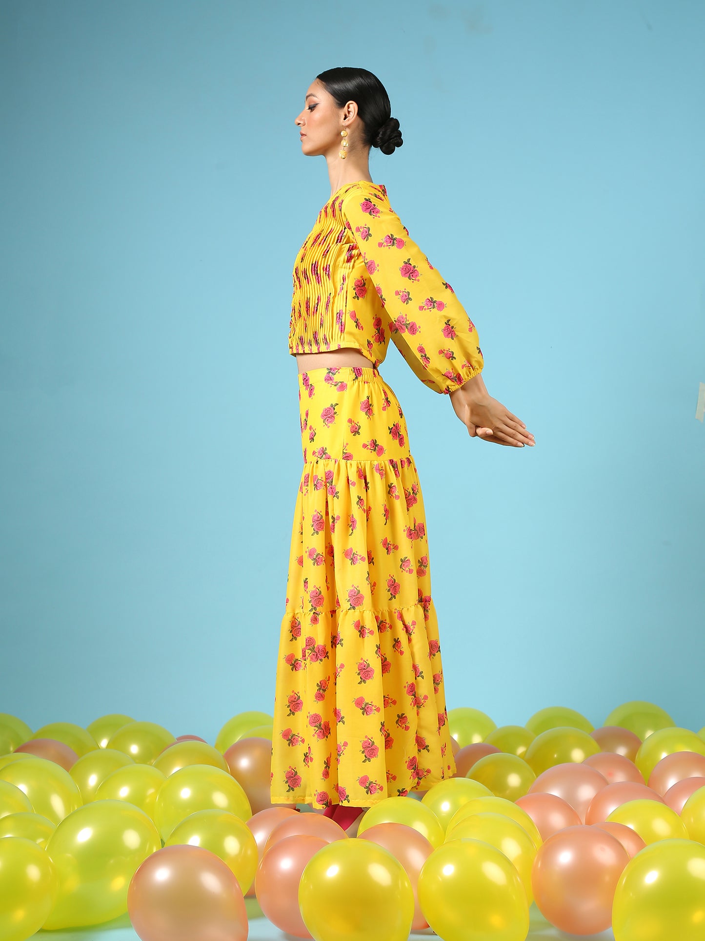 Rose Sunshine Skirt Set - Yellow Digital Printed Cotton Silk Button Up Shirt And Tiered Skirt