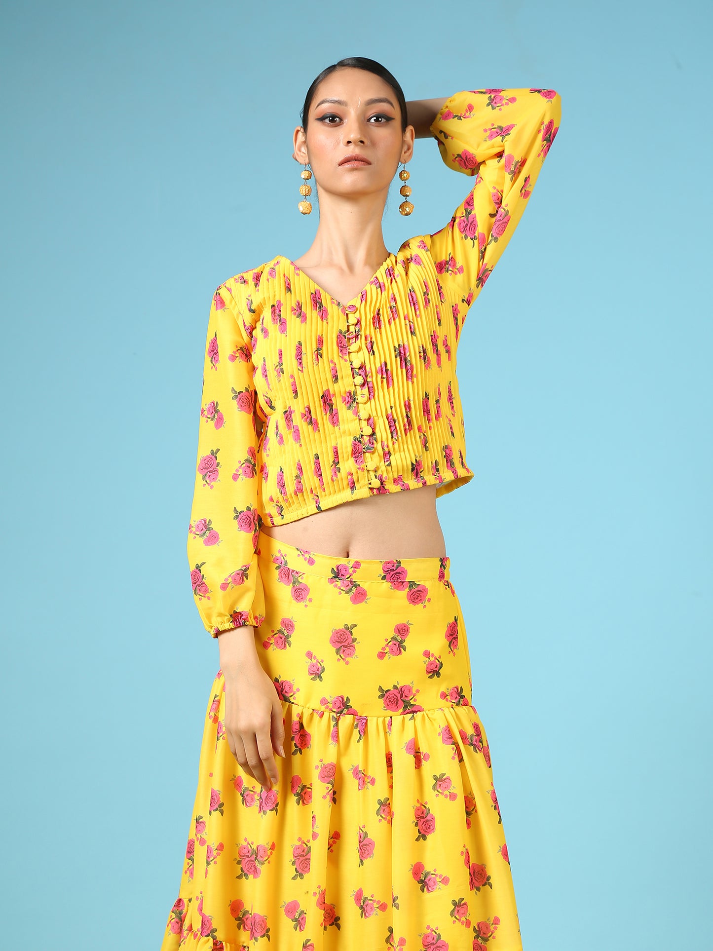 Rose Sunshine Skirt Set - Yellow Digital Printed Cotton Silk Button Up Shirt And Tiered Skirt