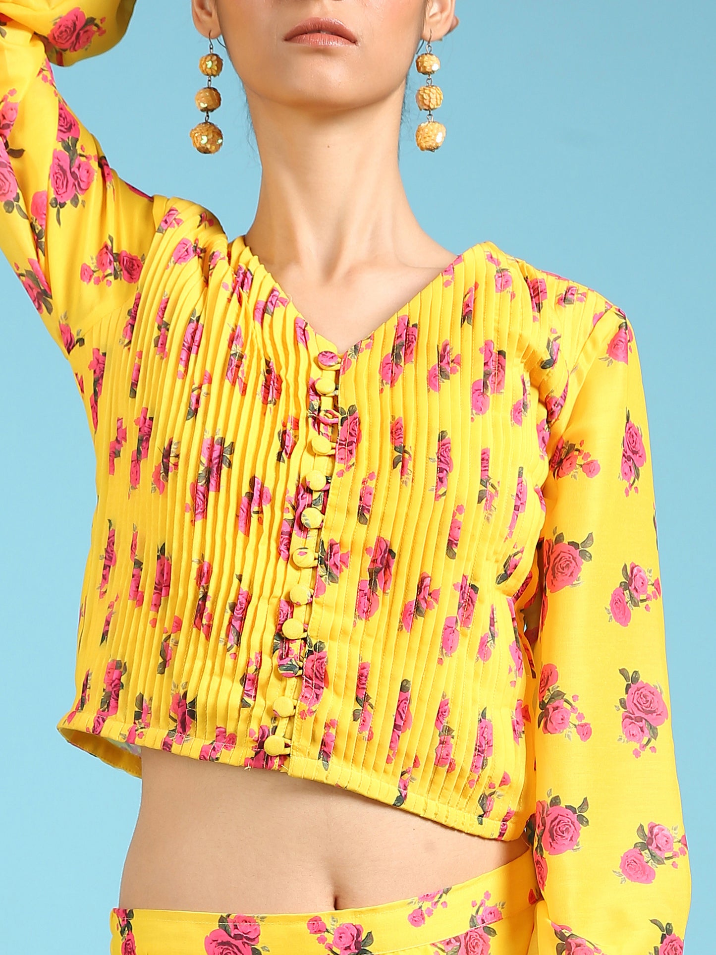 Rose Sunshine Top - Yellow Digital Printed Cotton Silk Blouson Top