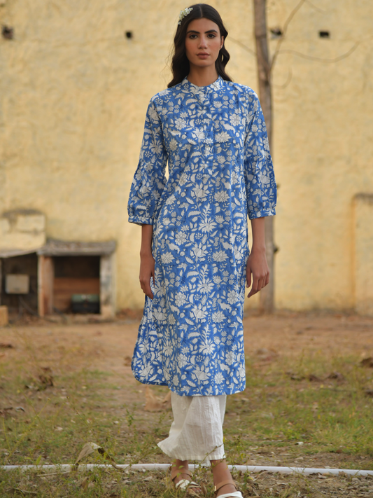 No More Blues Kurta Set- Blue Hand Block Printed Cotton Kurta With White Crushed Pants