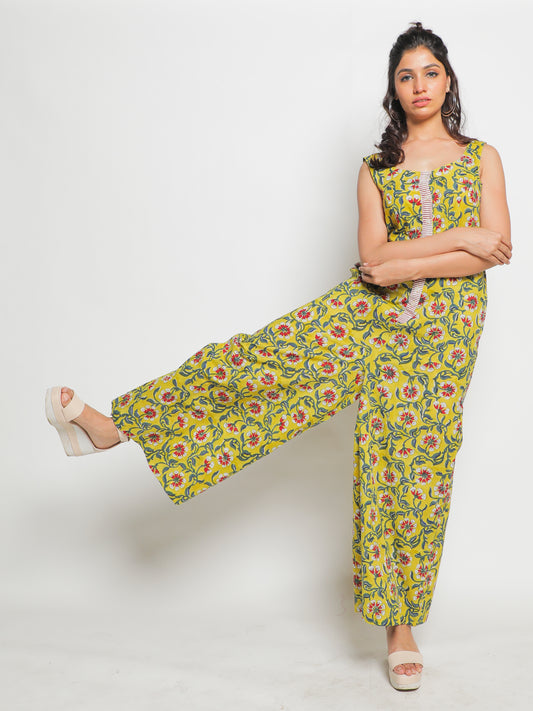 Makeba Jumpsuit - Yellow & Green Hand Block Printed Cotton Jumpsuit