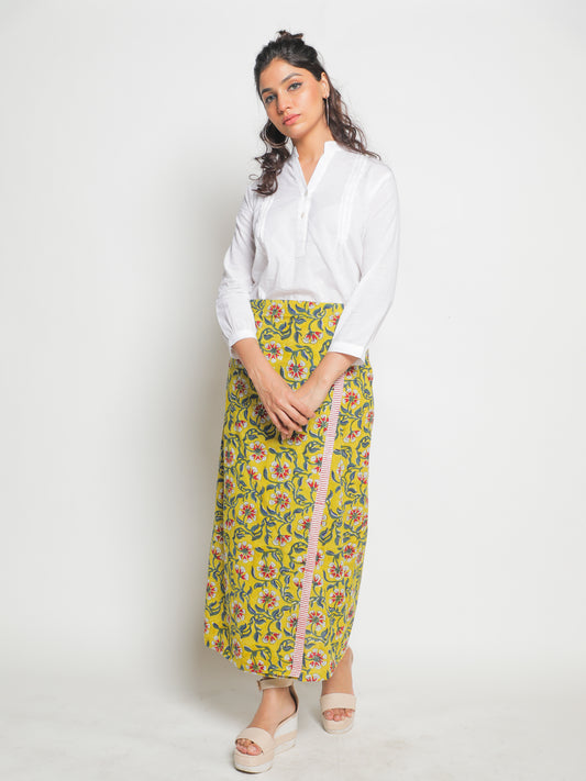 Makeba Skirt - Yellow Hand Block Printed Cotton Skirt With Border Detailing