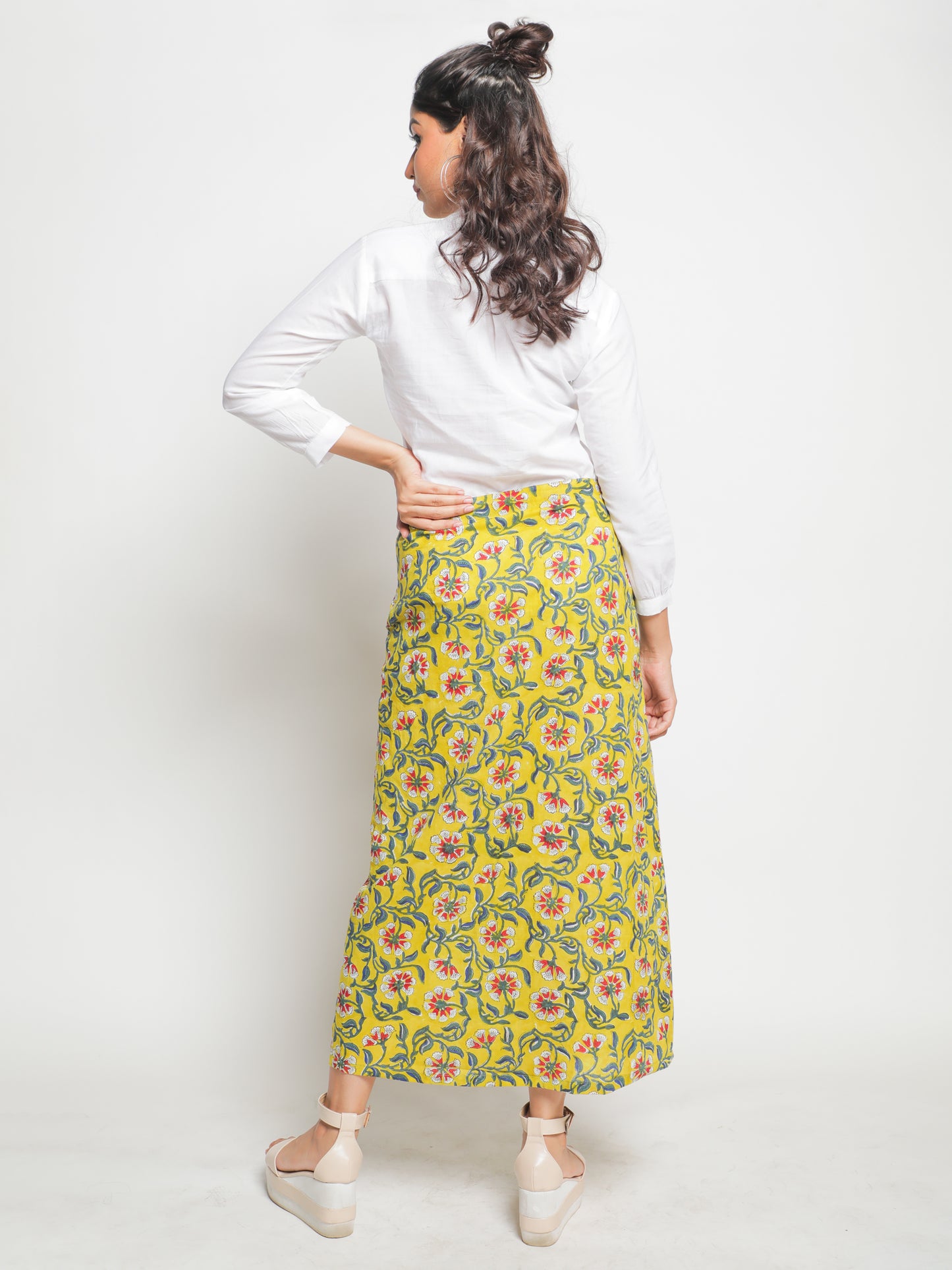 Makeba Skirt - Yellow Hand Block Printed Cotton Skirt With Border Detailing
