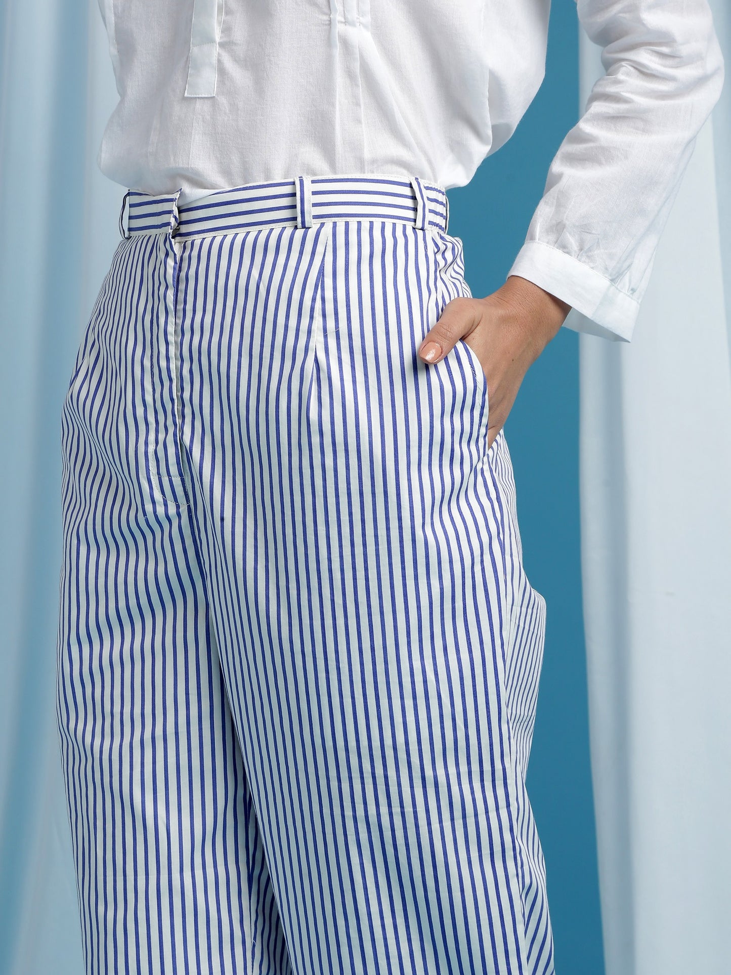 Lorde Stripe Pants - White & Blue Hand Block Printed Cotton Pants