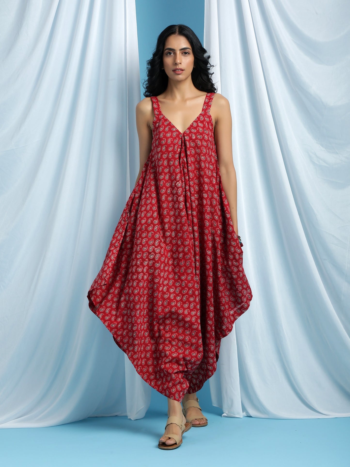 Red Demi Drape Jumpsuit - Paisley Cowl Handblock Print Jumpsuit