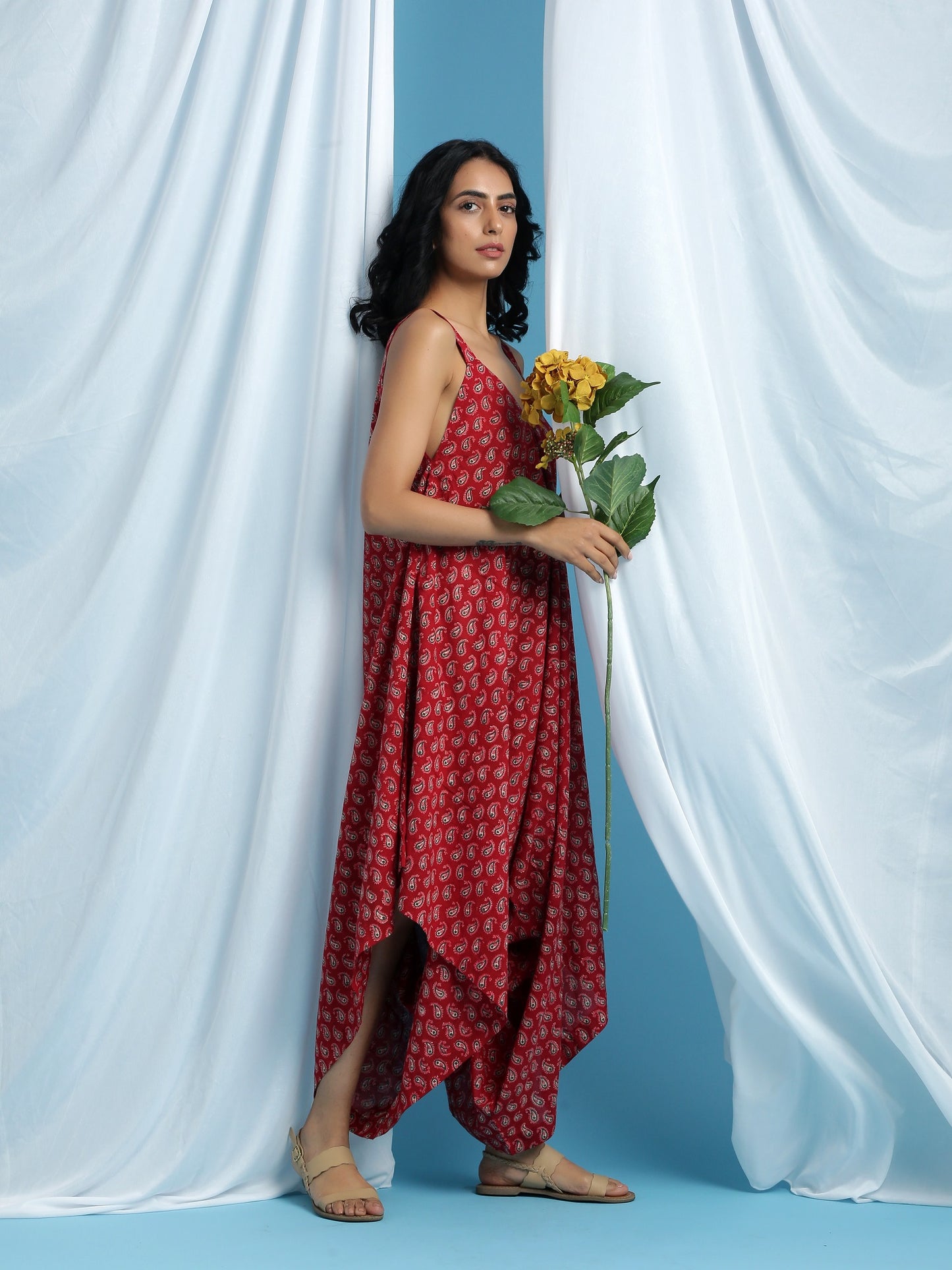 Red Demi Drape Jumpsuit - Paisley Cowl Handblock Print Jumpsuit