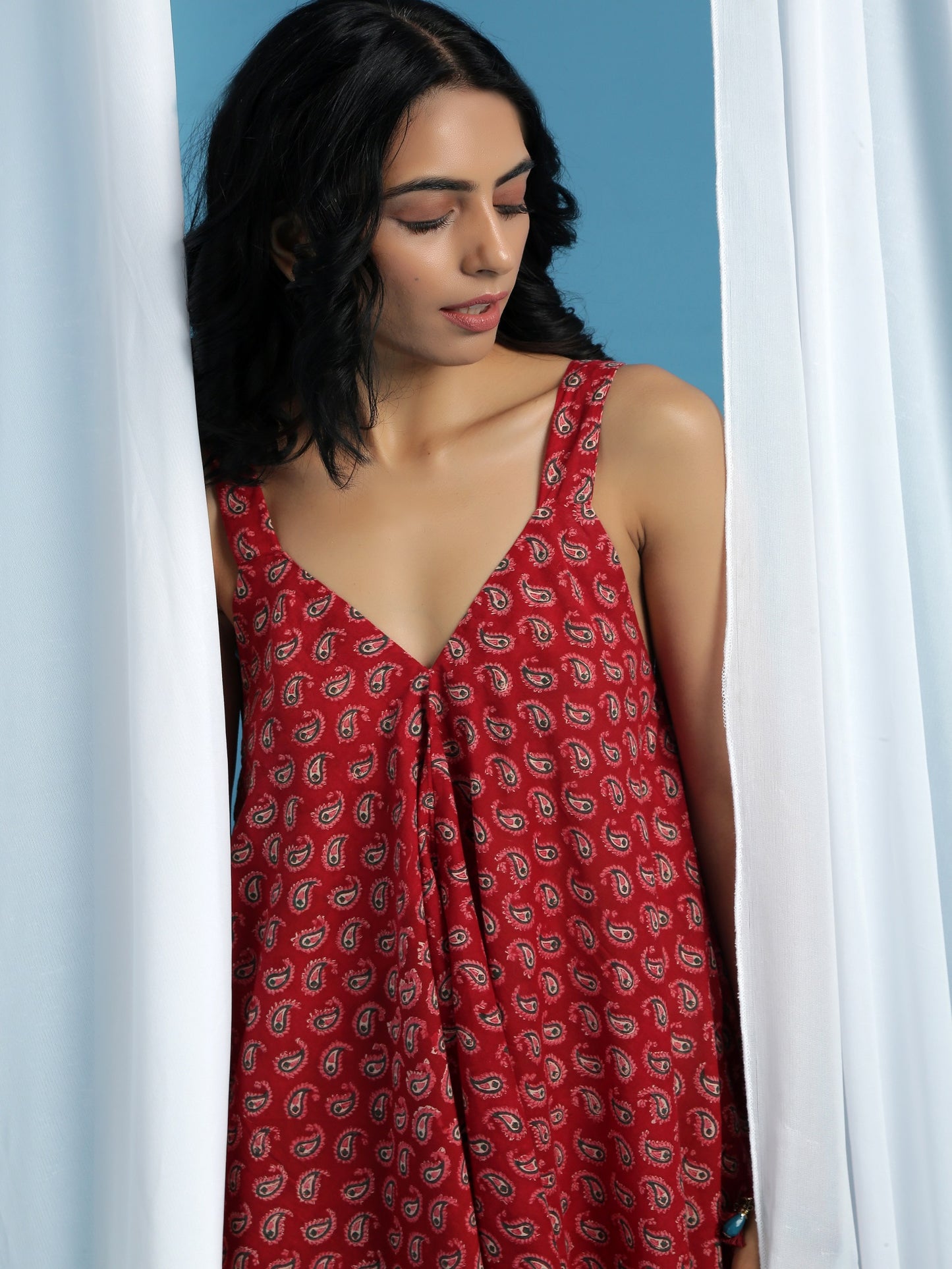 Red Demi Drape Jumpsuit - Paisley Cowl Handblock Print Jumpsuit