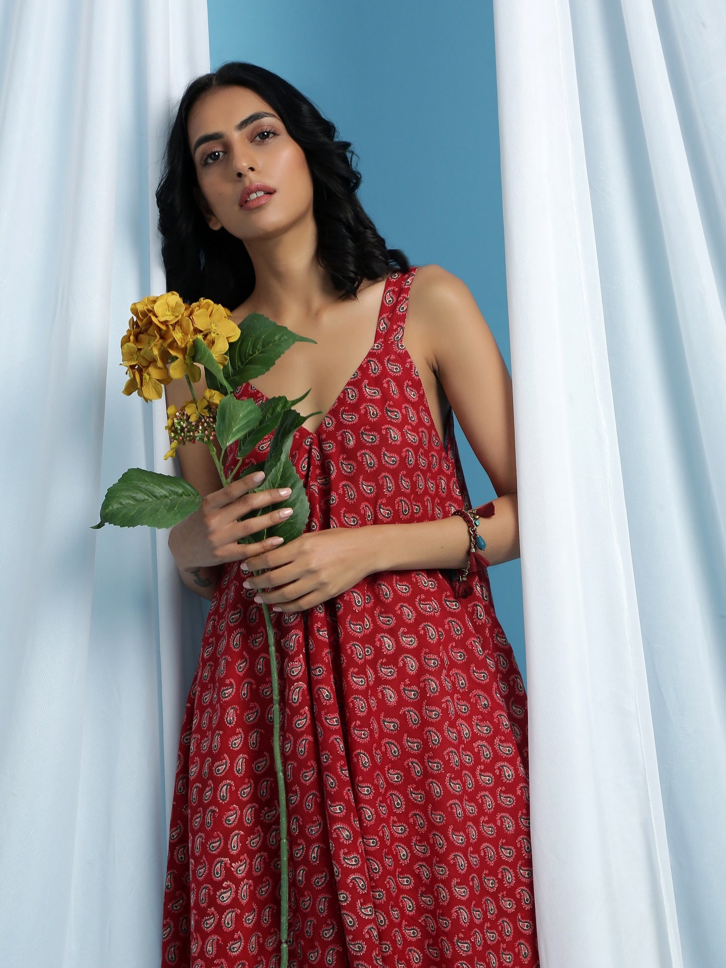 Red Demi Drape Jumpsuit - Paisley Cowl Handblock Print Jumpsuit
